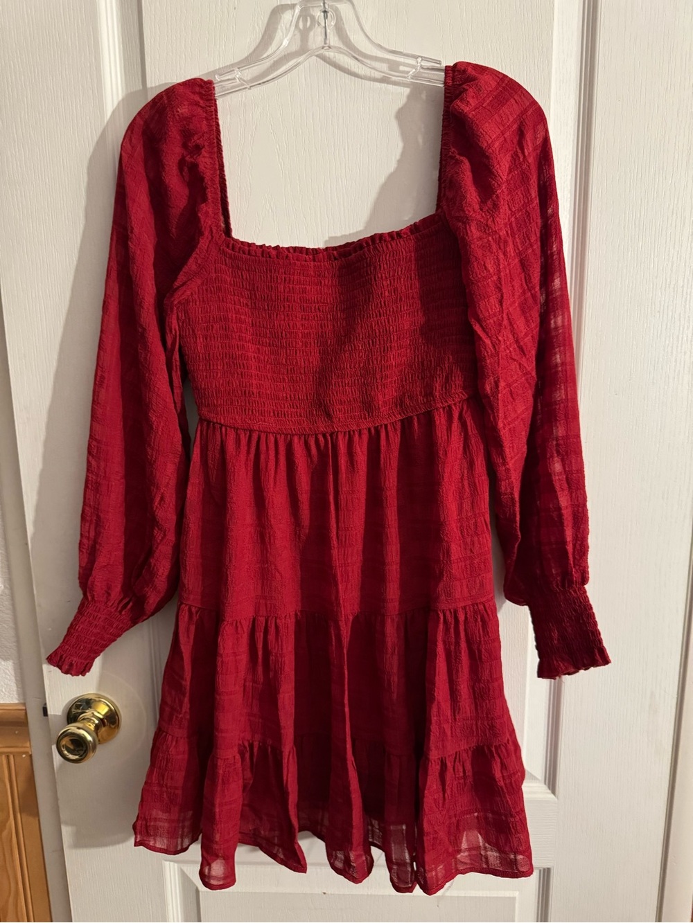 Red Square-Neck Long Sleeve Tiered Mini Dress